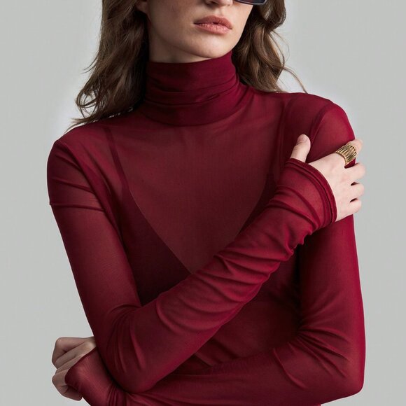 Burgundy Wine Red Sexy Women's Elegant mesh turtlenck Top - Picture 6 of 8